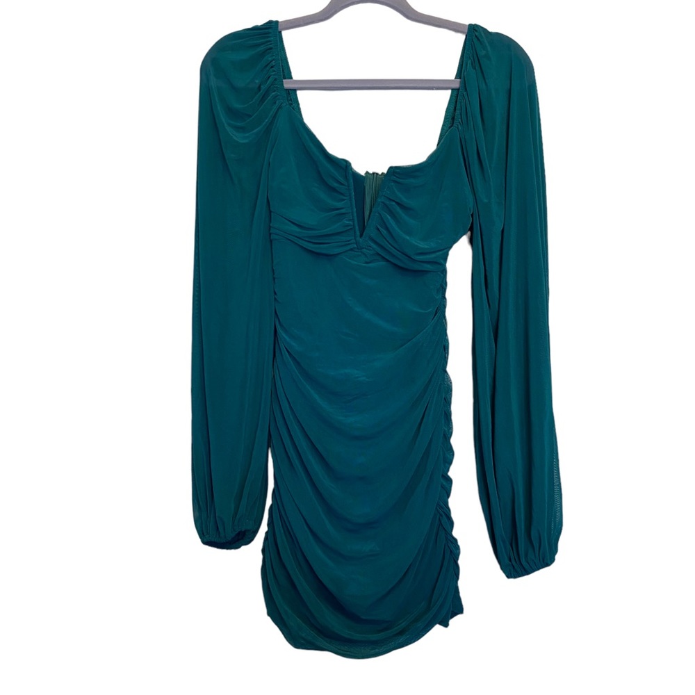 Teal ruched mini dress with long sleeves